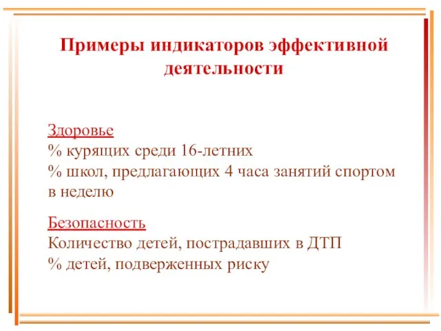 Примеры индикаторов эффективной деятельности Здоровье % курящих среди 16-летних % школ, предлагающих