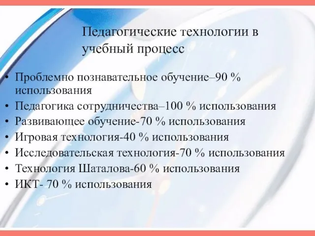 Педагогические технологии в учебный процесс Проблемно познавательное обучение–90 % использования Педагогика сотрудничества–100