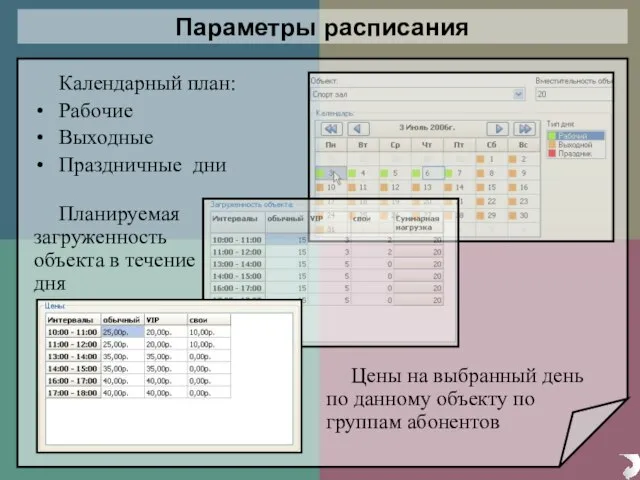 Параметры расписания Календарный план: Рабочие Выходные Праздничные дни Планируемая загруженность объекта в