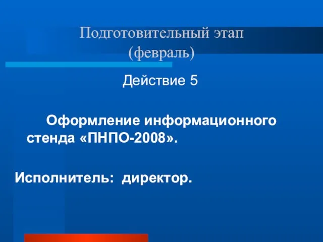 Подготовительный этап (февраль) Действие 5 Оформление информационного стенда «ПНПО-2008». Исполнитель: директор.