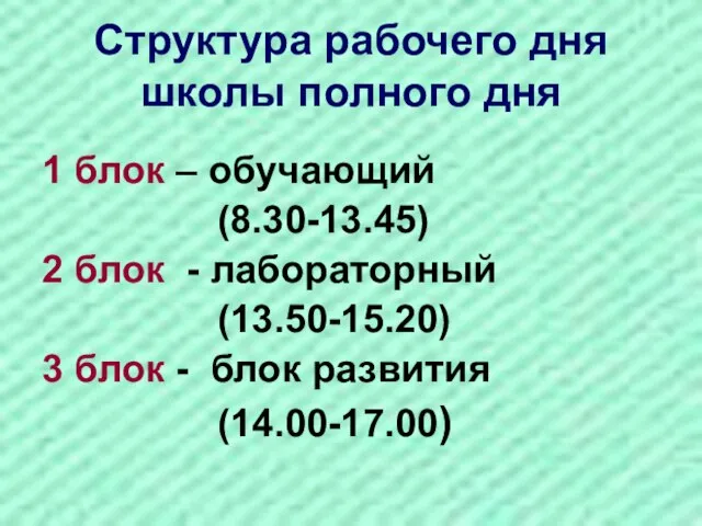 Структура рабочего дня школы полного дня 1 блок – обучающий (8.30-13.45) 2