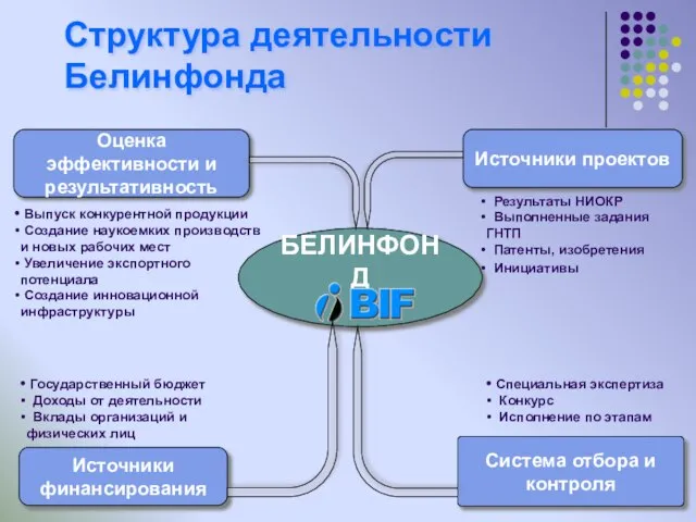 Структура деятельности Белинфонда БЕЛИНФОНД Источники проектов Источники финансирования Оценка эффективности и результативность