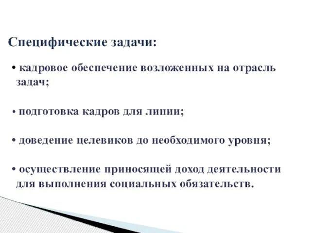 Специфические задачи: кадровое обеспечение возложенных на отрасль задач; подготовка кадров для линии;