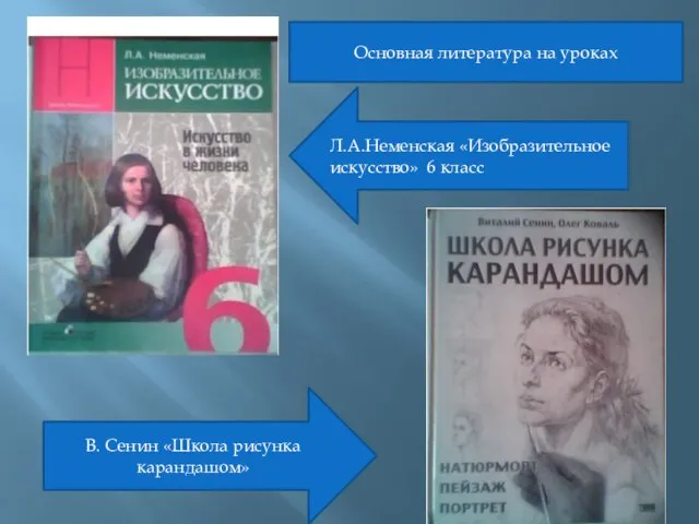 Л.А.Неменская «Изобразительное искусство» 6 класс В. Сенин «Школа рисунка карандашом» Основная литература на уроках