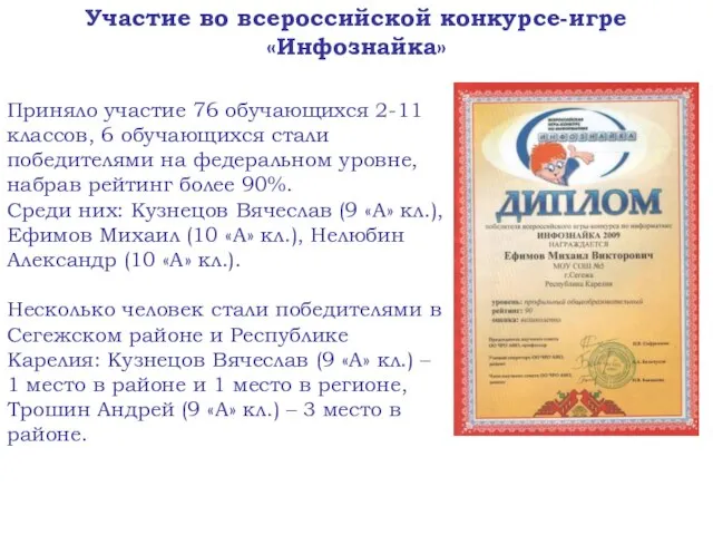 Участие во всероссийской конкурсе-игре «Инфознайка» Приняло участие 76 обучающихся 2-11 классов, 6