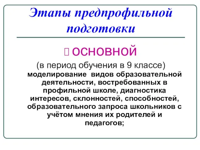 Этапы предпрофильной подготовки основной (в период обучения в 9 классе) моделирование видов