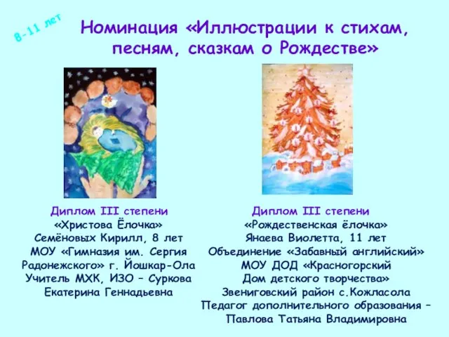 Номинация «Иллюстрации к стихам, песням, сказкам о Рождестве» Диплом III степени «Рождественская