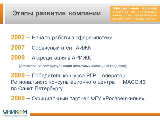 Этапы развития компании 2002 – Начало работы в сфере ипотеки 2007 –