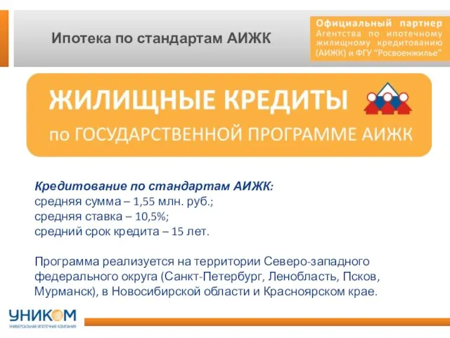 Ипотека по стандартам АИЖК Кредитование по стандартам АИЖК: средняя сумма – 1,55