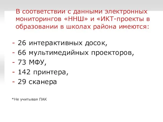 26 интерактивных досок, 66 мультимедийных проекторов, 73 МФУ, 142 принтера, 29 сканера