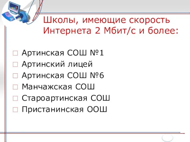 Школы, имеющие скорость Интернета 2 Мбит/с и более: Артинская СОШ №1 Артинский