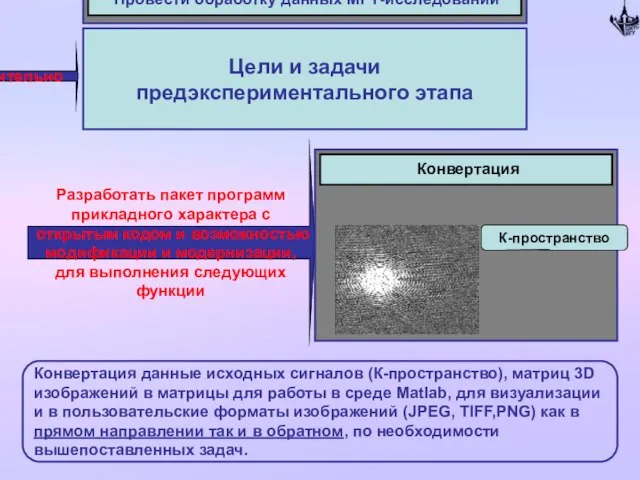 Постановка задачи Дополнительно Цели и задачи предэкспериментального этапа Провести обработку данных МРТ-исследований