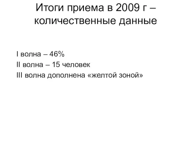 Итоги приема в 2009 г – количественные данные I волна – 46%