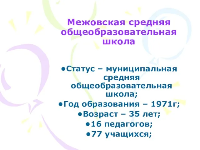 Межовская средняя общеобразовательная школа Статус – муниципальная средняя общеобразовательная школа; Год образования