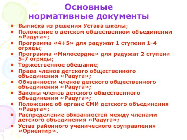 Основные нормативные документы Выписка из решения Устава школы; Положение о детском общественном