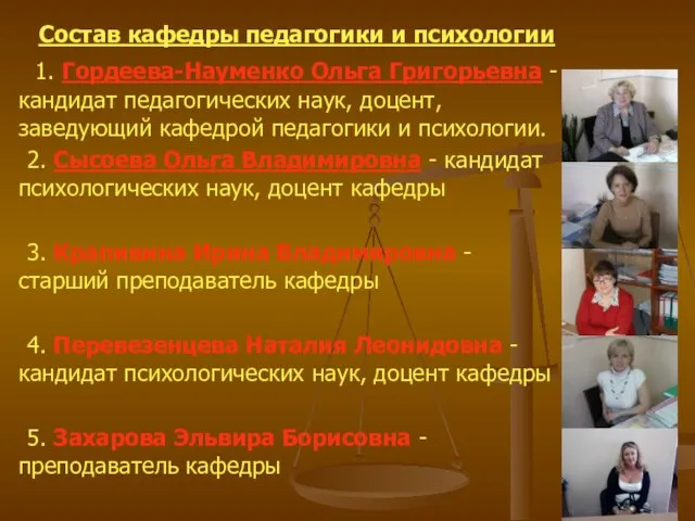 Состав кафедры педагогики и психологии 1. Гордеева-Науменко Ольга Григорьевна - кандидат педагогических