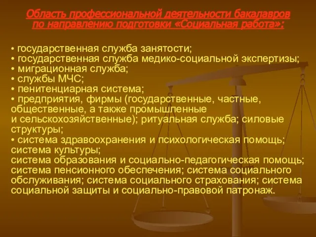 Область профессиональной деятельности бакалавров по направлению подготовки «Социальная работа»: • государственная служба