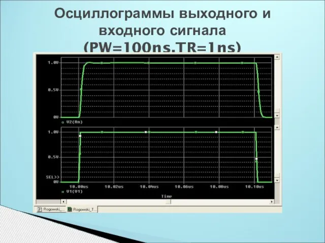 Осциллограммы выходного и входного сигнала (PW=100ns,TR=1ns)