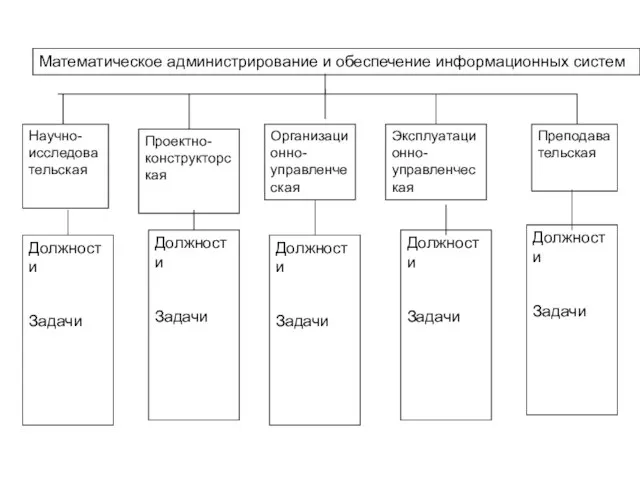 Математическое администрирование и обеспечение информационных систем Научно-исследовательская Проектно-конструкторская Организационно-управленческая Эксплуатационно-управленческая Преподавательская Должности