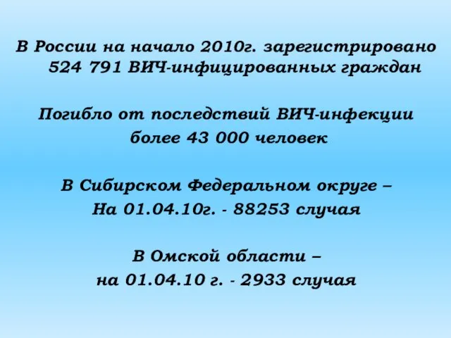 В России на начало 2010г. зарегистрировано 524 791 ВИЧ-инфицированных граждан Погибло от