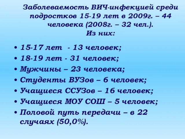 Заболеваемость ВИЧ-инфекцией среди подростков 15-19 лет в 2009г. – 44 человека (2008г.