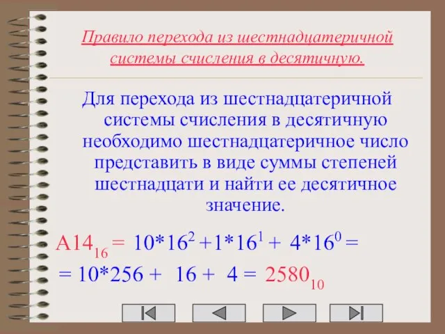 Правило перехода из шестнадцатеричной системы счисления в десятичную. Для перехода из шестнадцатеричной