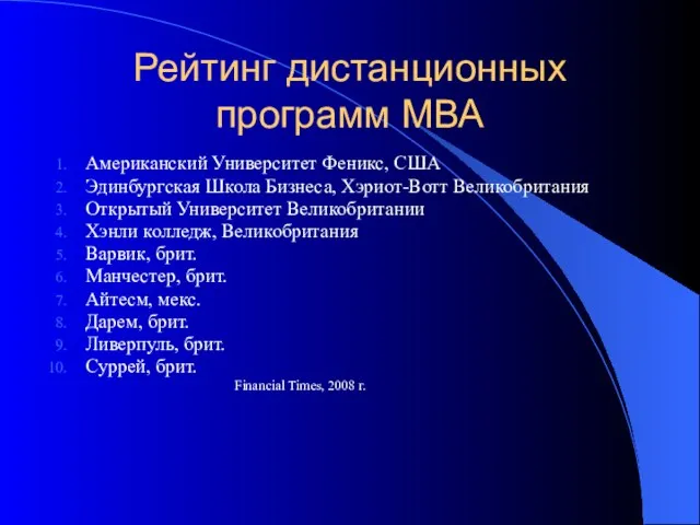 Рейтинг дистанционных программ МВА Американский Университет Феникс, США Эдинбургская Школа Бизнеса, Хэриот-Вотт