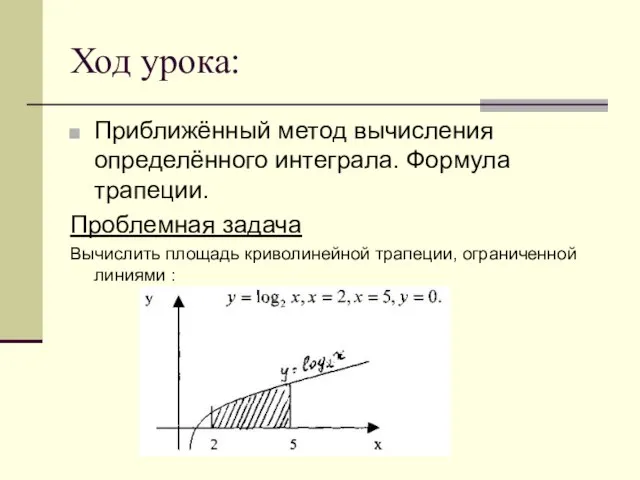 Ход урока: Приближённый метод вычисления определённого интеграла. Формула трапеции. Проблемная задача Вычислить