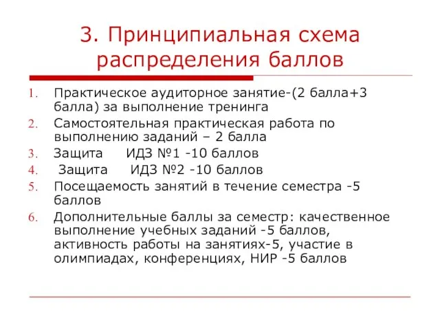 3. Принципиальная схема распределения баллов Практическое аудиторное занятие-(2 балла+3 балла) за выполнение