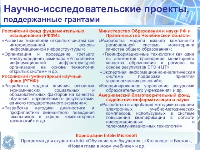 Научно-исследовательские проекты, поддержанные грантами Российский фонд фундаментальных исследований (РФФИ): «Развитие технологии открытых