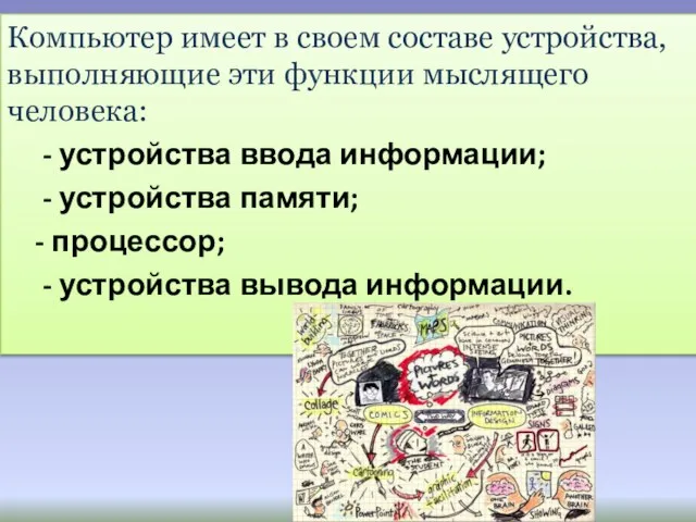 Компьютер имеет в своем составе устройства, выполняющие эти функции мыслящего человека: -