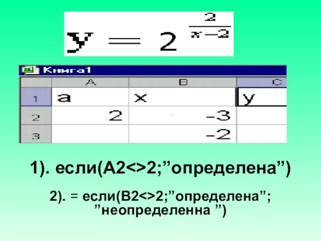 1). если(A2 2;”определена”) 2). = если(B2 2;”определена”; ”неопределенна ”)
