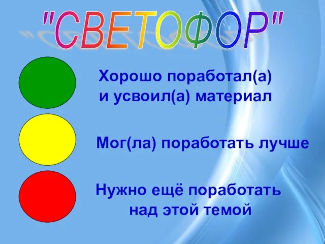 "СВЕТОФОР" Хорошо поработал(а) и усвоил(а) материал Мог(ла) поработать лучше Нужно ещё поработать над этой темой