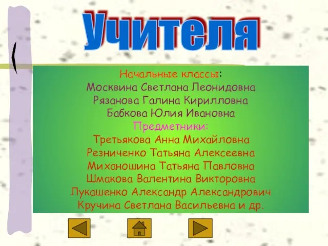 Учителя Начальные классы: Москвина Светлана Леонидовна Рязанова Галина Кирилловна Бабкова Юлия Ивановна