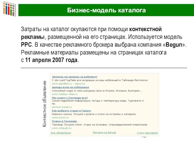 Бизнес-модель каталога Затраты на каталог окупаются при помощи контекстной рекламы, размещенной на