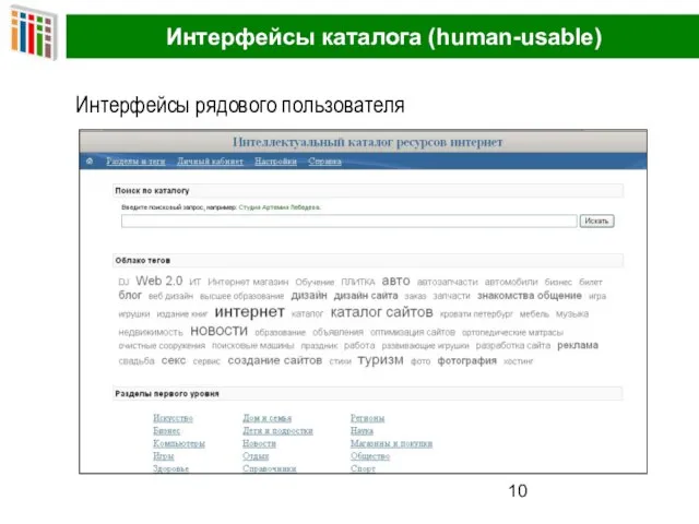Интерфейсы каталога (human-usable) Интерфейсы рядового пользователя