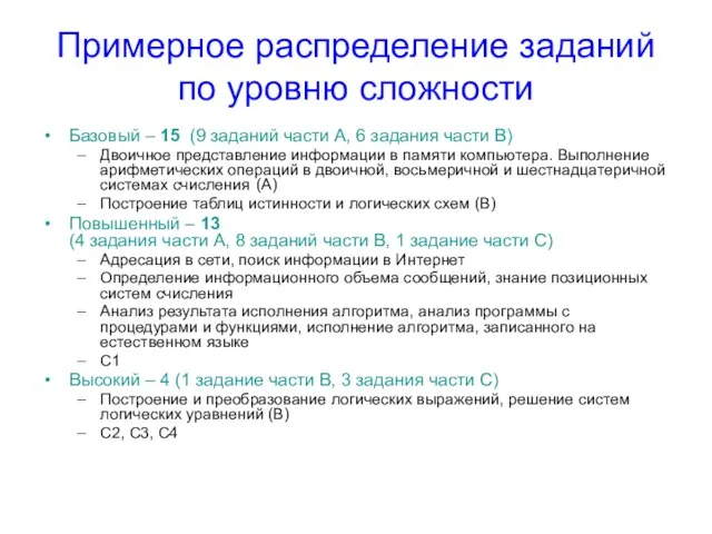 Примерное распределение заданий по уровню сложности Базовый – 15 (9 заданий части