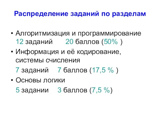 Распределение заданий по разделам Алгоритмизация и программирование 12 заданий 20 баллов (50%