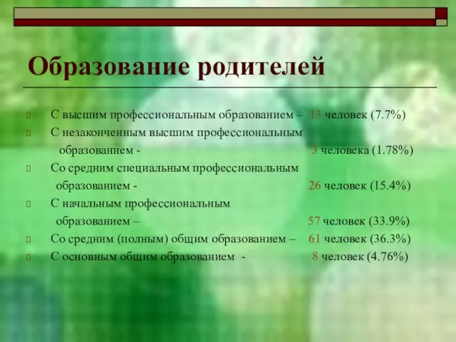 Образование родителей С высшим профессиональным образованием – 13 человек (7.7%) С незаконченным