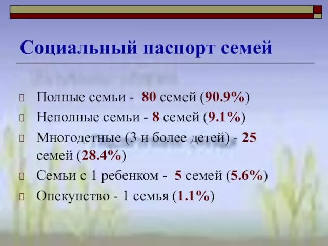 Полные семьи - 80 семей (90.9%) Неполные семьи - 8 семей (9.1%)