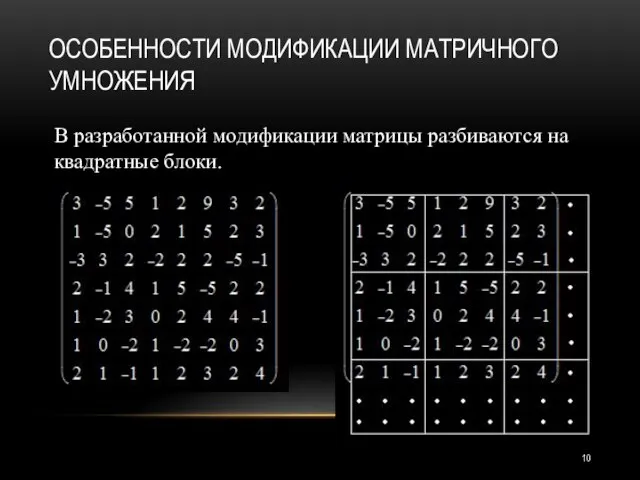 ОСОБЕННОСТИ МОДИФИКАЦИИ МАТРИЧНОГО УМНОЖЕНИЯ В разработанной модификации матрицы разбиваются на квадратные блоки.