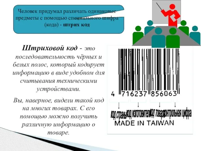 Штриховой код - это последовательность чёрных и белых полос, который кодирует информацию