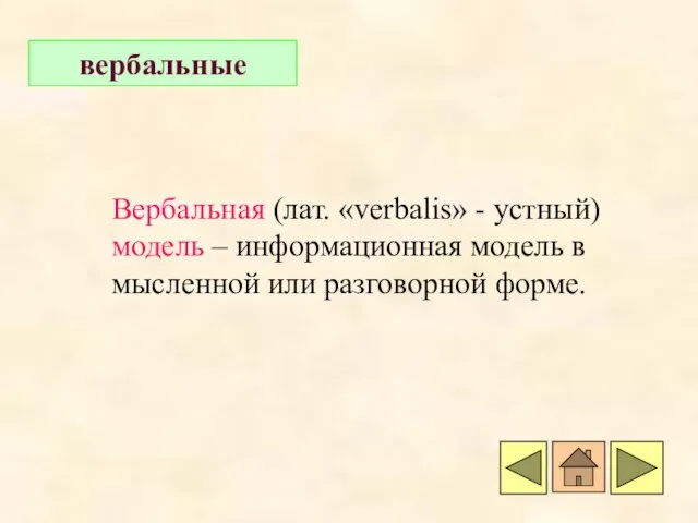 вербальные Вербальная (лат. «verbalis» - устный) модель – информационная модель в мысленной или разговорной форме.