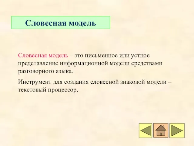 Словесная модель Словесная модель – это письменное или устное представление информационной модели