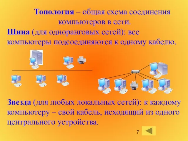 Топология – общая схема соединения компьютеров в сети. Шина (для одноранговых сетей):