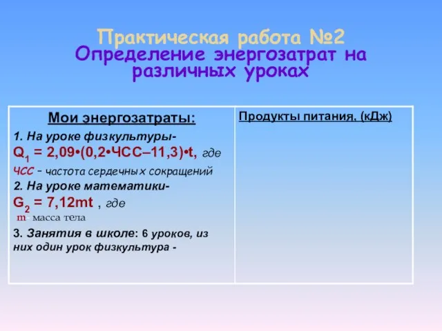 Практическая работа №2 Определение энергозатрат на различных уроках ЧСС – частота сердечных сокращений m- масса тела