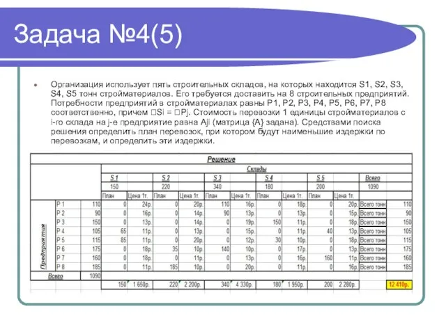 Задача №4(5) Организация использует пять строительных складов, на которых находится S1, S2,