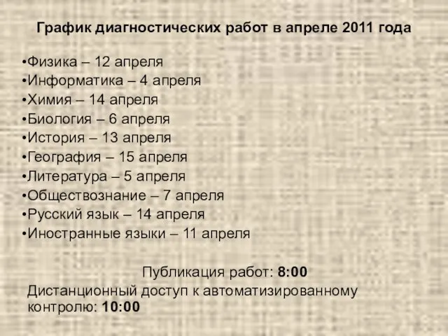 Физика – 12 апреля Информатика – 4 апреля Химия – 14 апреля