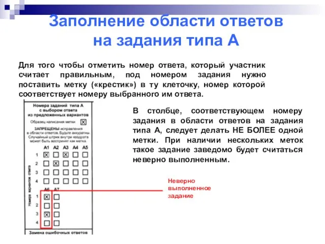 Заполнение области ответов на задания типа А Для того чтобы отметить номер