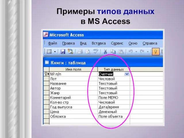 Примеры типов данных в MS Access